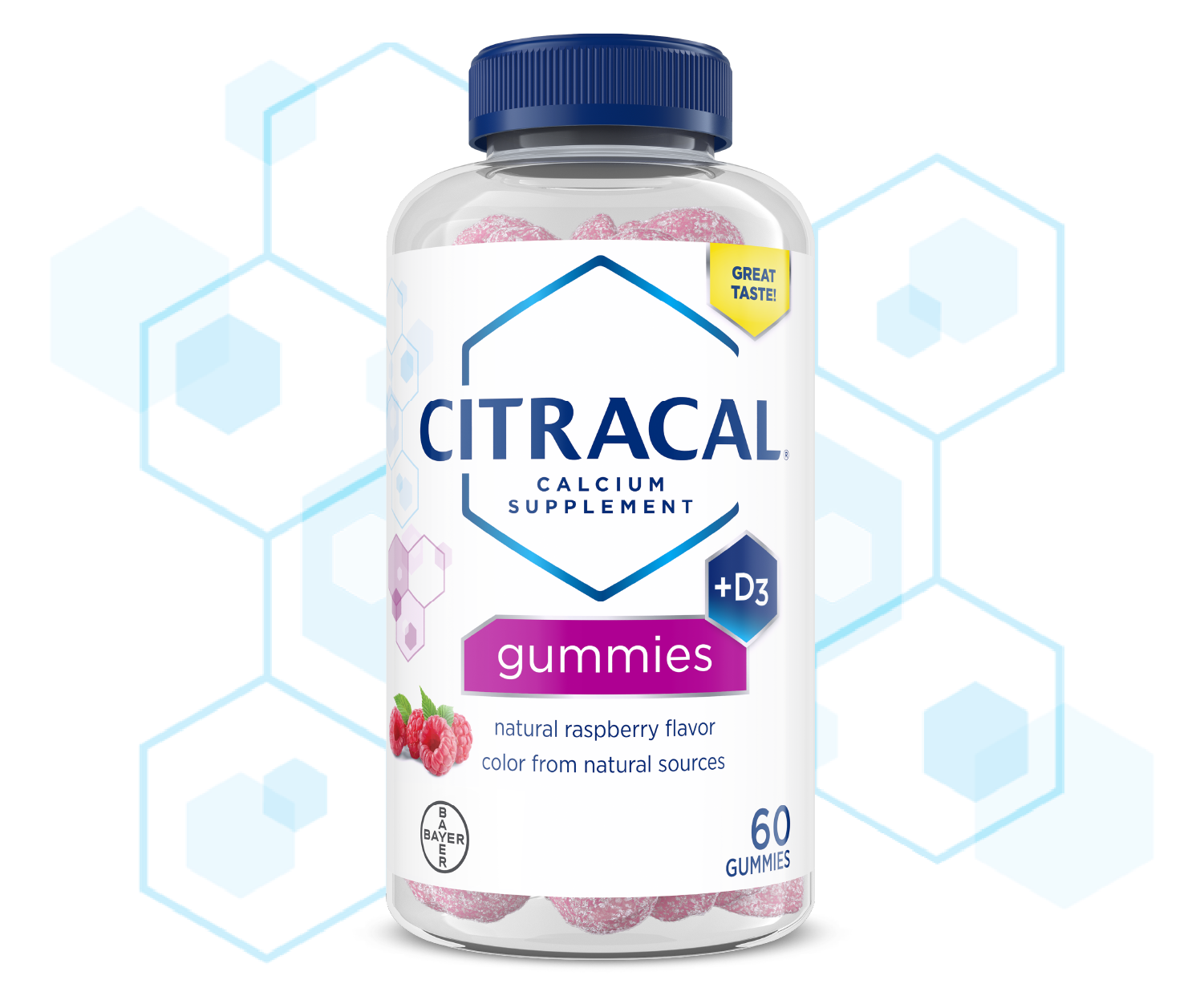Bottle of Citracal® Calcium Gummies that provides calcium and vitaminD3 in raspberry flavor.