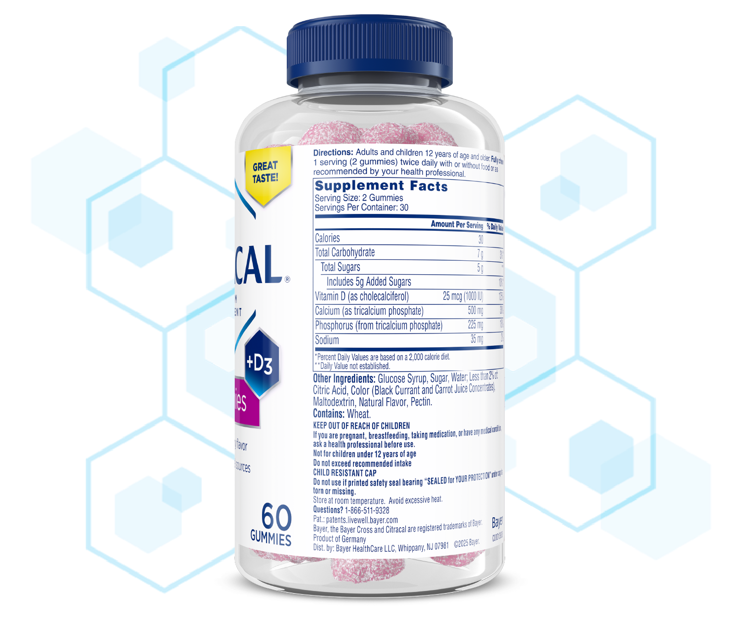 Label side of Citracal® Calcium Gummies bottle with supplement facts and ingredients.