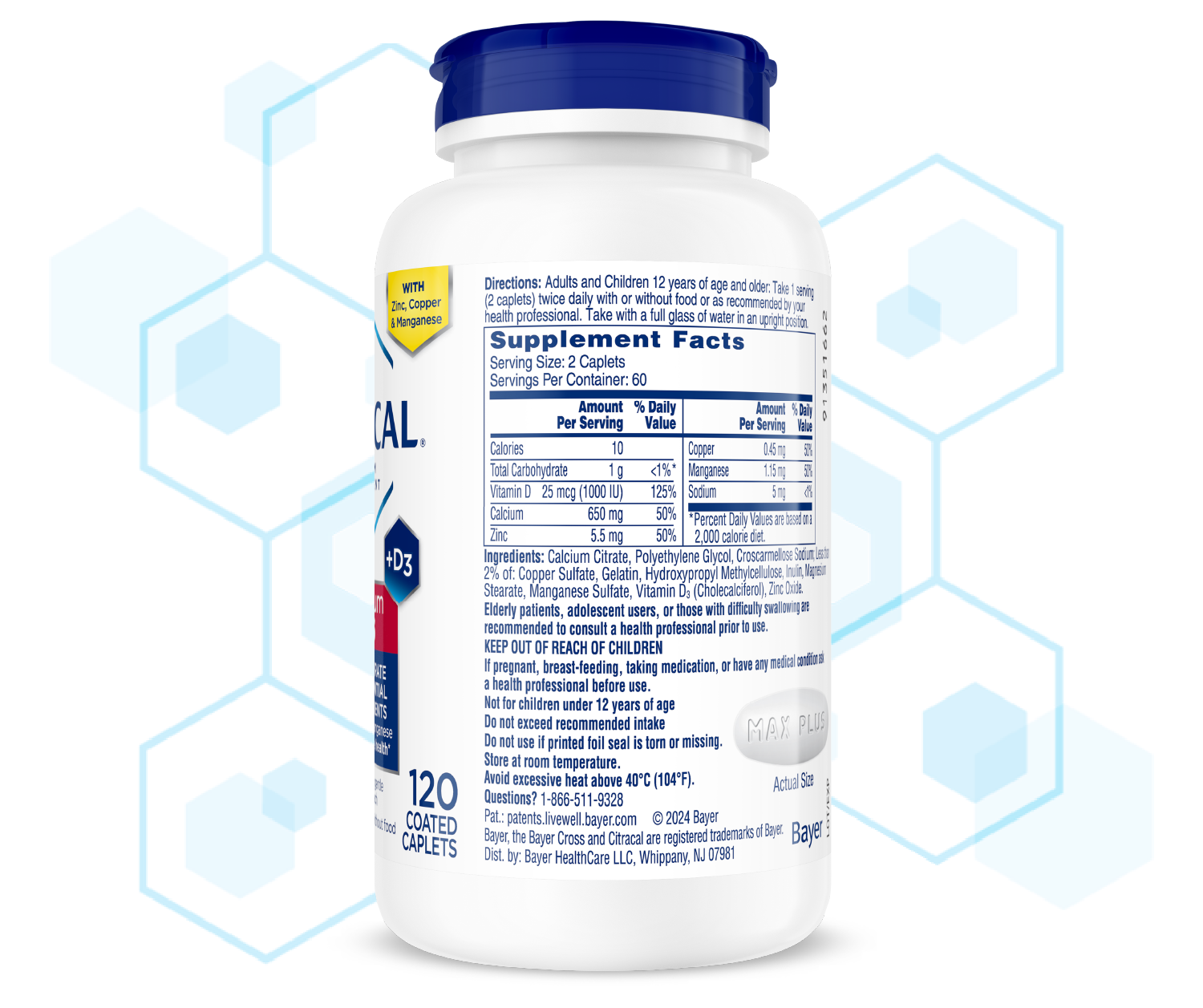 Label side of Citracal® Maximum Plus bottle with supplement facts and ingredients.