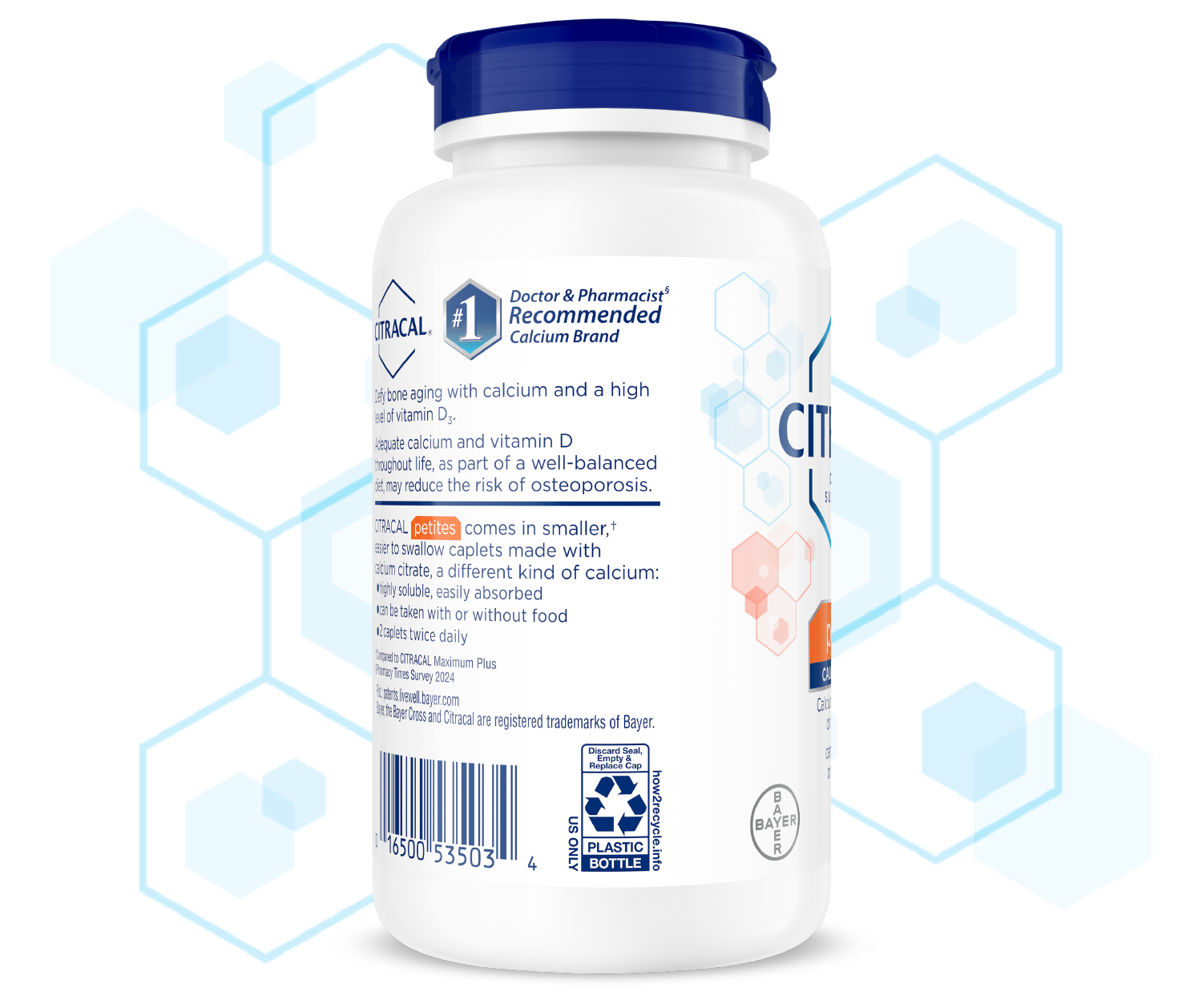 Side label of Citracal® Petites bottle with product details.